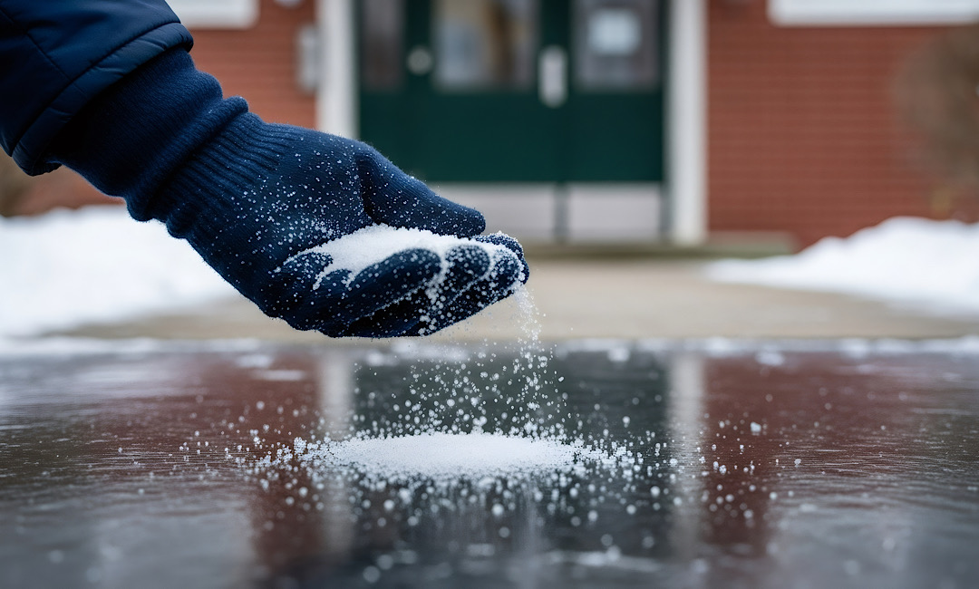 Man Salting his concrete sidewalk in Boise's Winter for cracking prevention