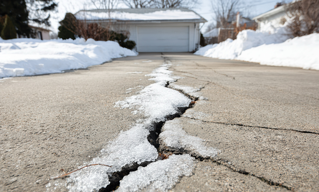 Cracked and uneven concrete driveway revealed after snowmelt during early spring in Idaho